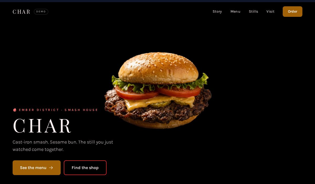 CHAR, a scroll-animated restaurant website demo